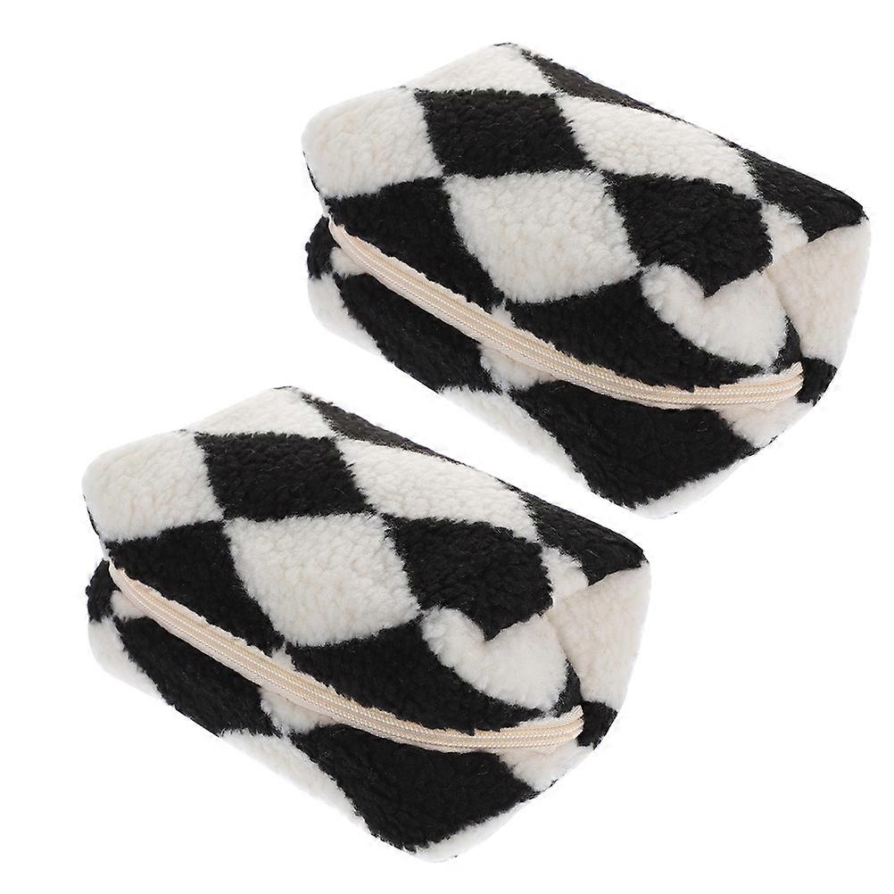 Makeup Bag Plush Checkered Cosmetic Bag for Storage Use 2Pcs