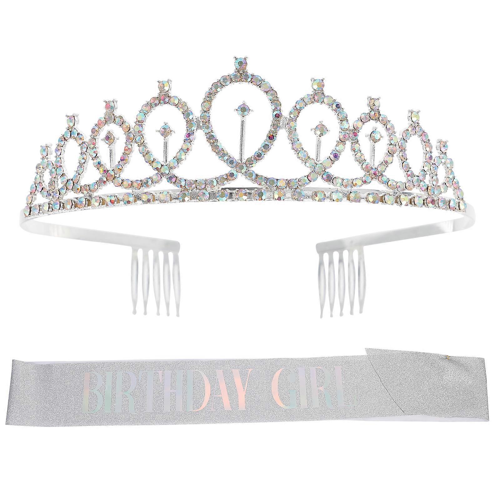 Birthday Party Crown Set with Etiquette Belt and Rhinestone Headpiece Assorted Color Cloth and Alloy Elegant