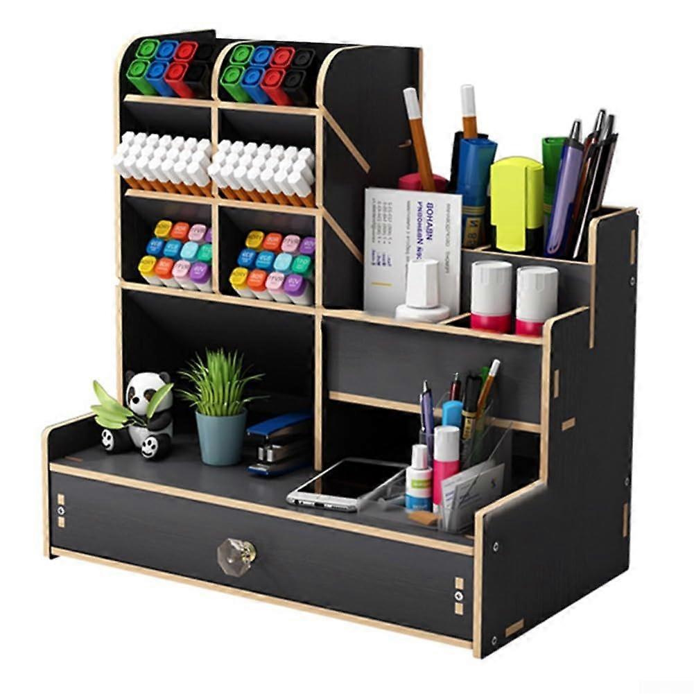 Multifunctional Storage Shelf Black, Desk Pen Holder, Large Capacity Office Organizer, Creative Desktop Storage Rack