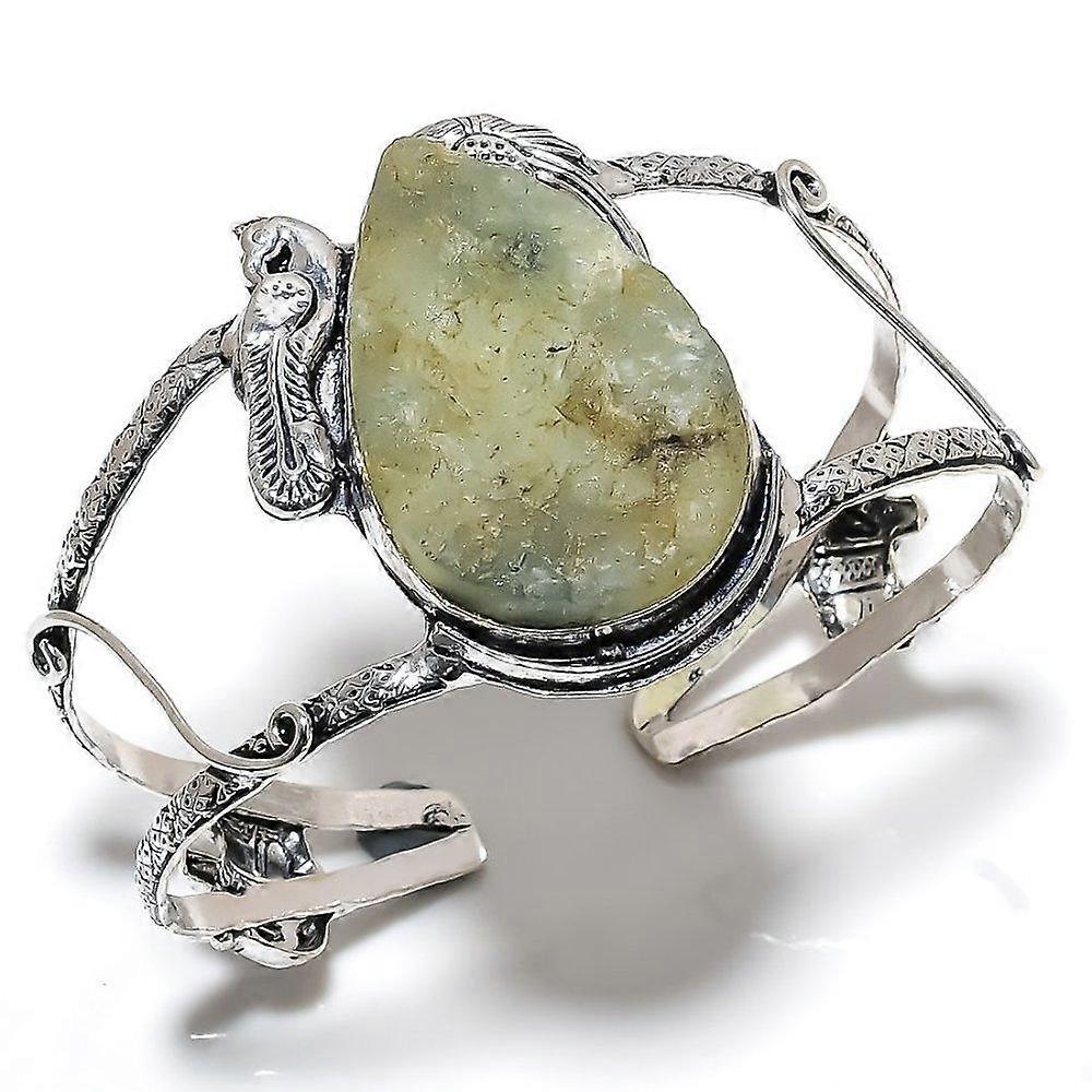 Natural Prehnite Gemstone 925 Sterling Silver Cuff Bangle Adjustable d5T59