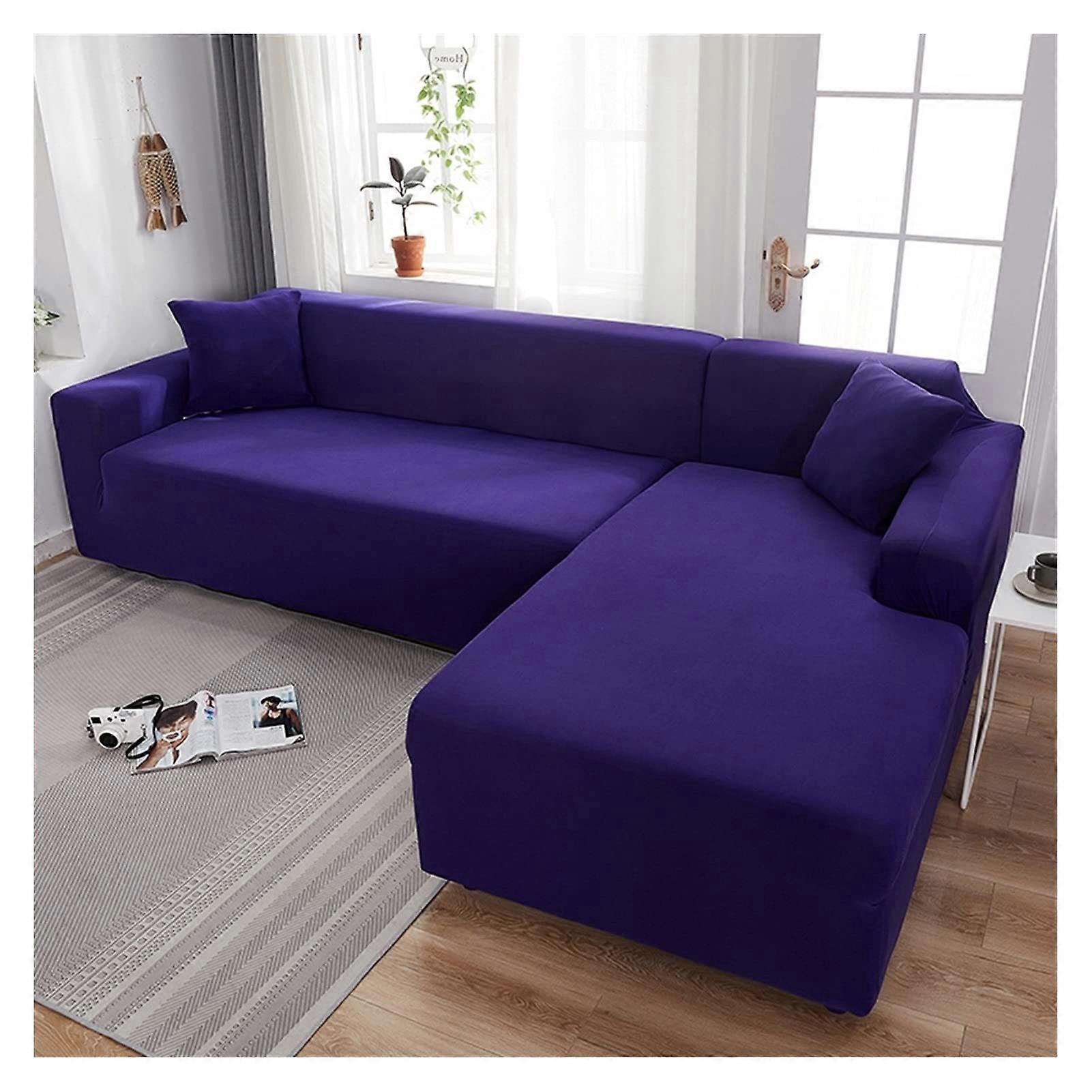 Corner Sofa Covers Elastic Slipcovers Stretch Fit L Shaped (Dark Purple, 2 seat)