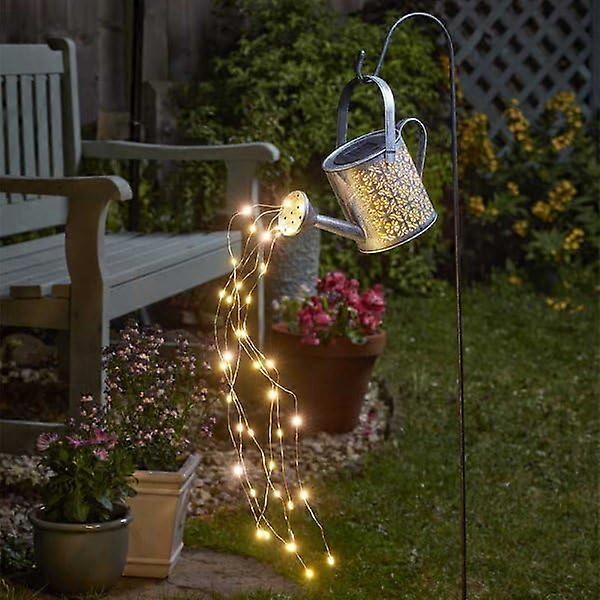 Solar LED Watering Can Stake Light with Warm White Cascading Lights Silver