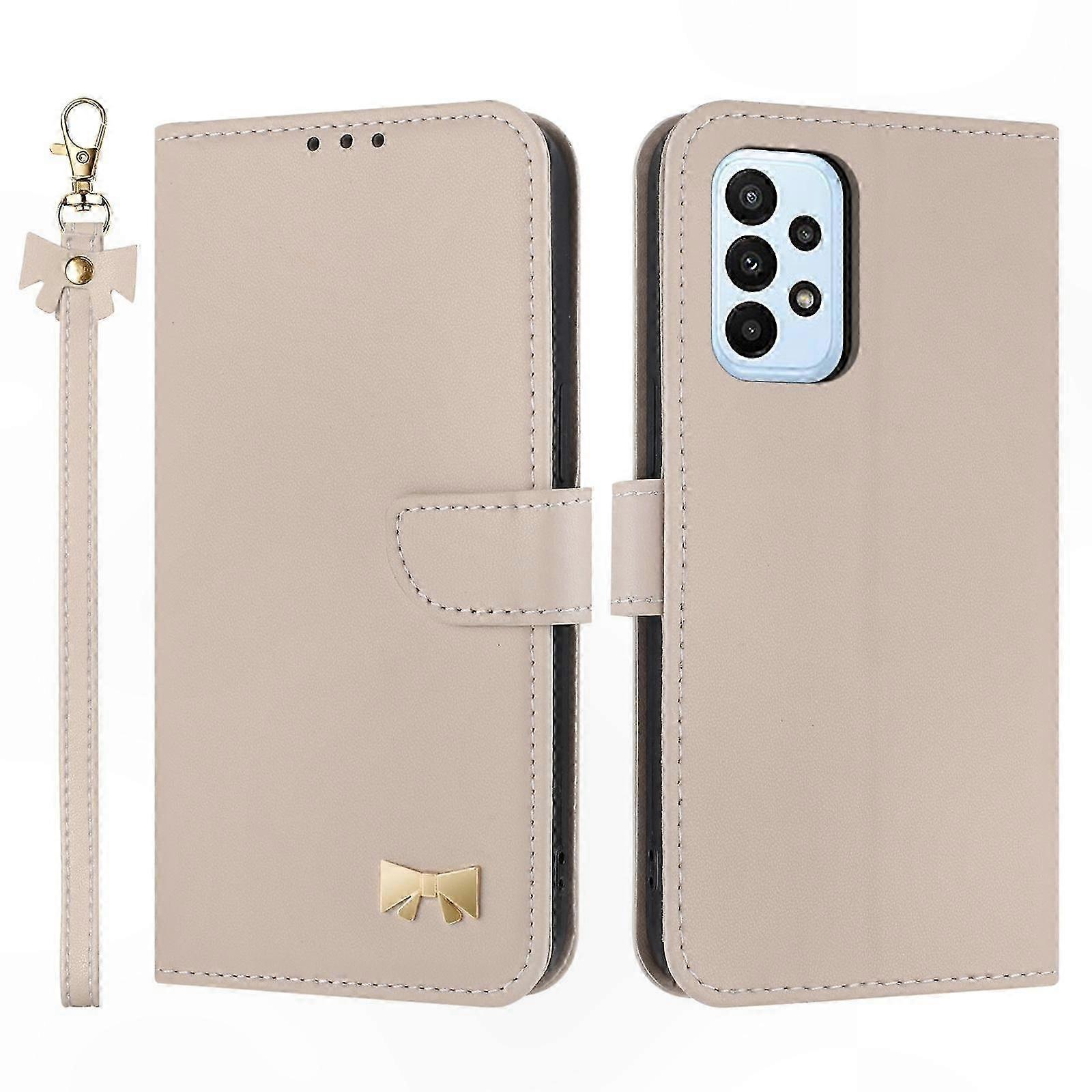 Leather Phone Case with Metal Bow and Hand Strap for Secure Grip