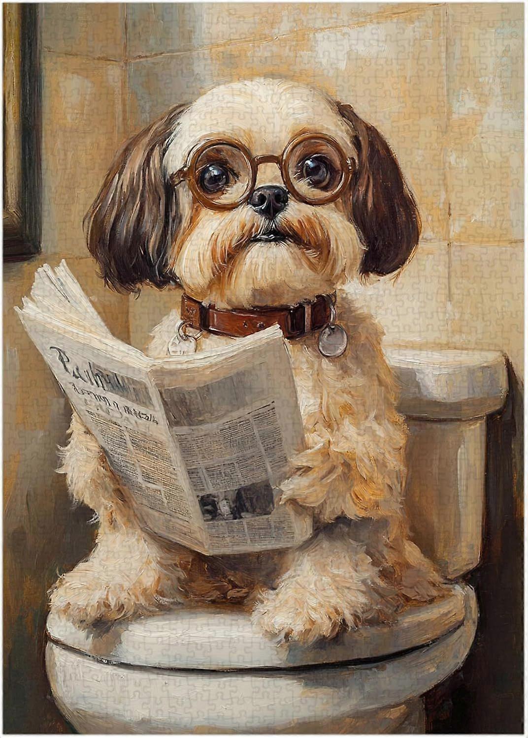 Shih Tzu sur Toilet Puzzle 1000/500/300 Pièces pour adultes Chien excentrique Lecture Newpaper avec des lunettes Chien Salle de bain Décors Puzzles PTPT 0725