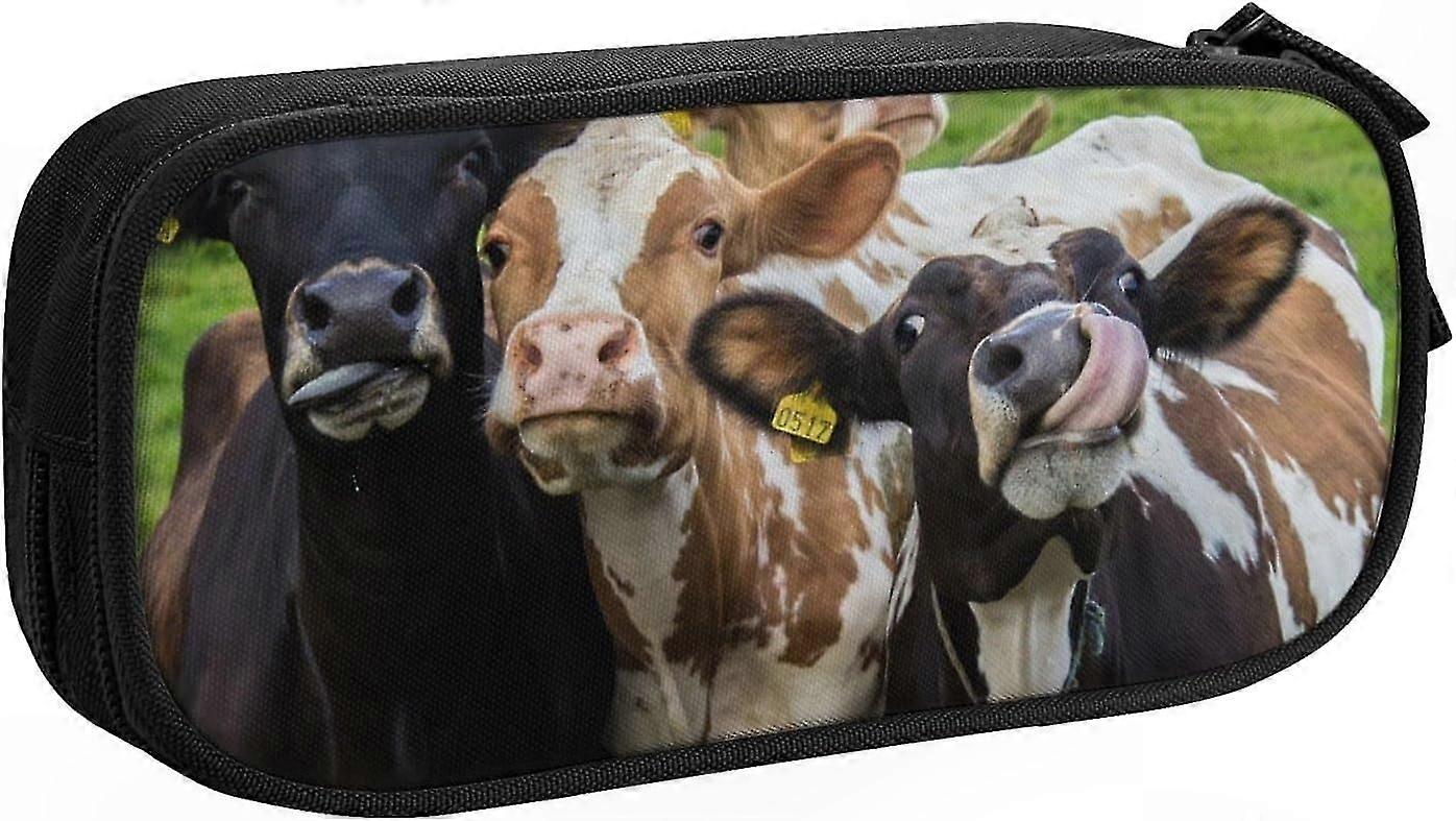 Double-Layer Pencil Case with Cow Grassland Print for School Office Use Organizer Bag for Teenagers and Adults Unisex Design