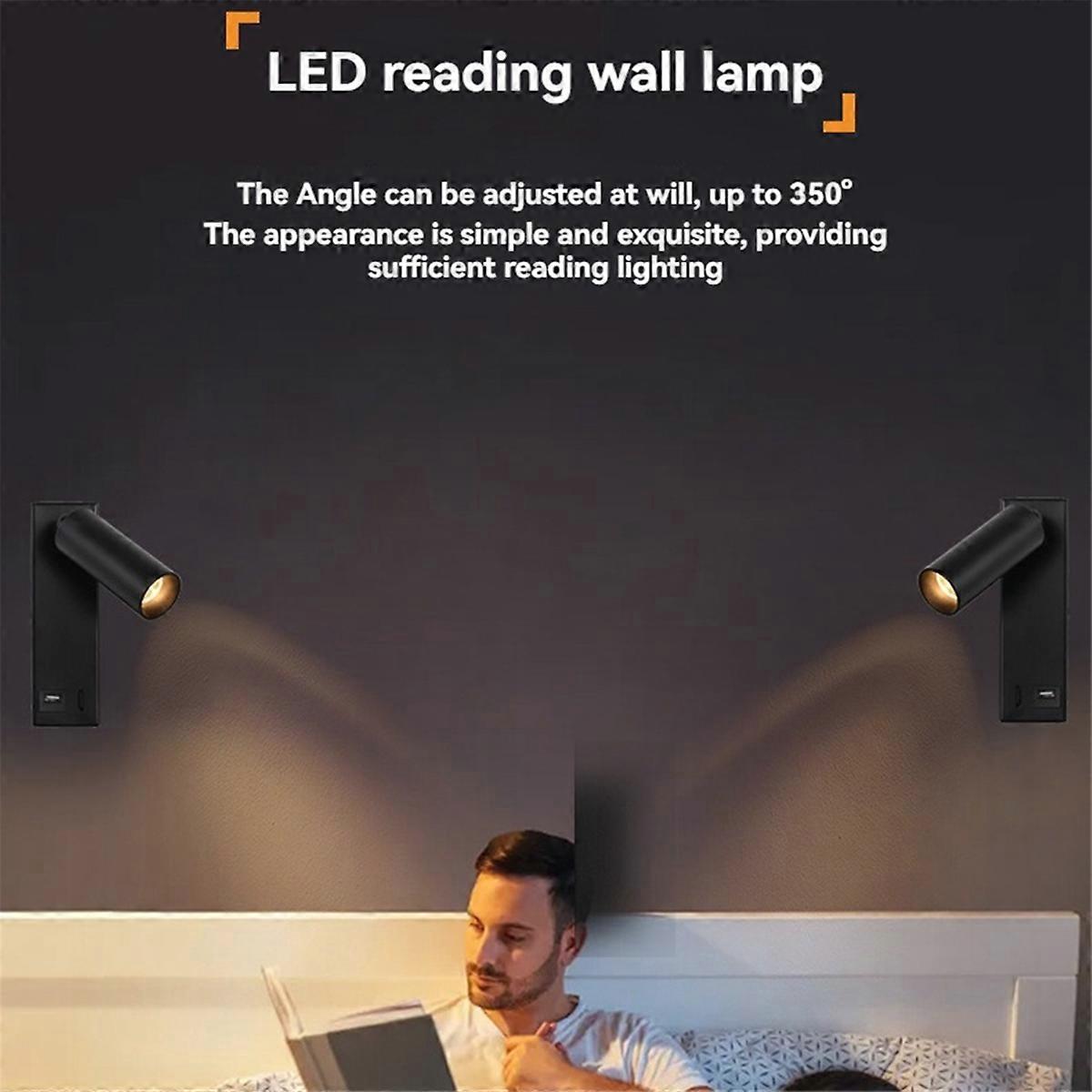 3W LED Wall Lamp Embedded and Rotatable Reading Light USB Focus Light for Bedroom Bedside Study 3000K Black