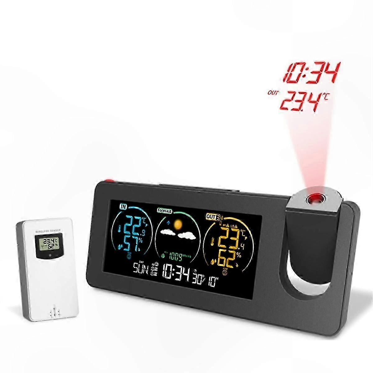 Digital Projection Clock with Weather Station Forecast Temperature Humidity Alarm Function Modern Design for Home Office Use