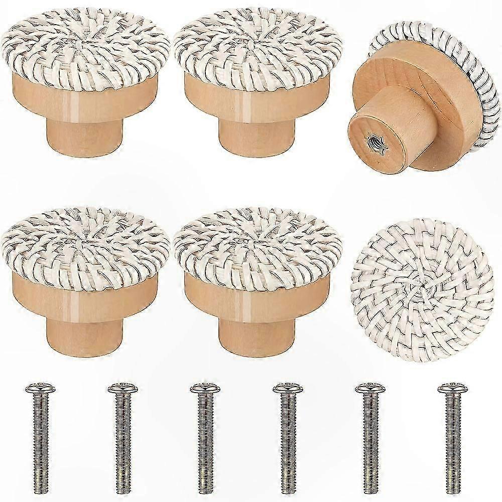 6PCS Round Wooden Drawer Pulls with Wicker Design, Boho Style Furniture Knobs for Cabinets and Dressers