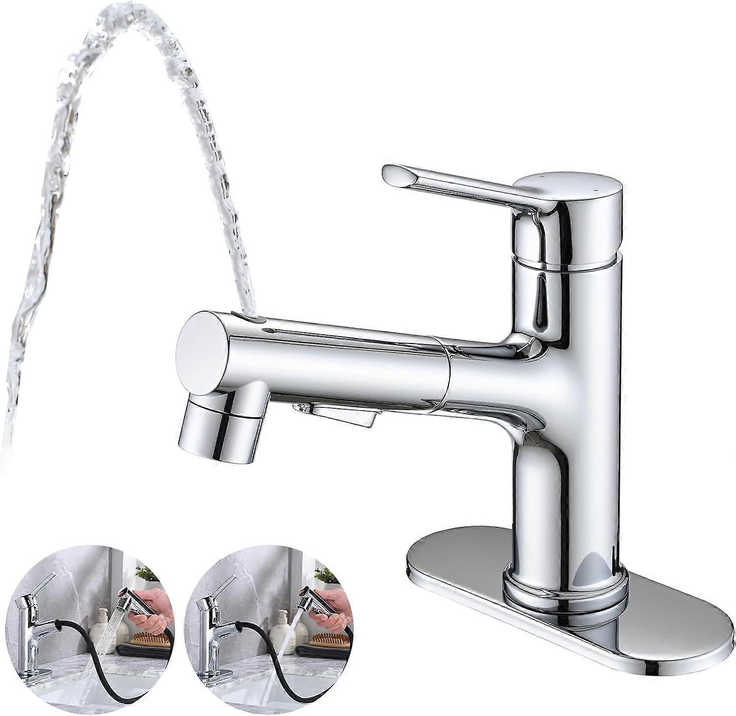 Bathroom Sink Faucet with Pull-Out Sprayer, Single Handle Modern Design, Pop-Up Drain Stopper & 1/3 Hole Deck Plate, Chrome