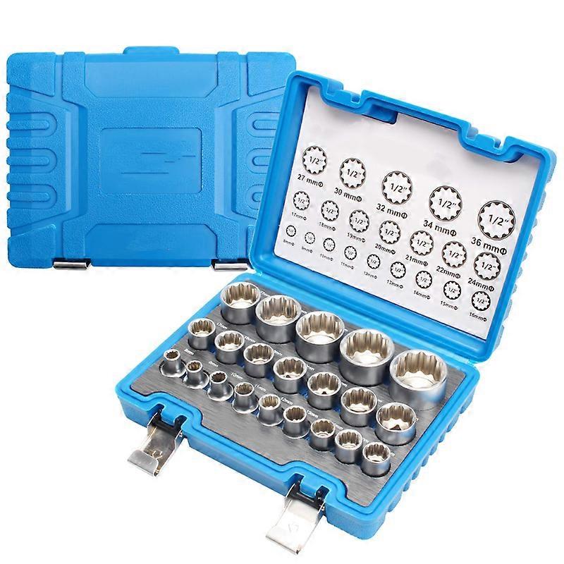 19pcs box set of 1/2' female Torx sockets, 6 and 12 point sockets for E10-E24, Cr-V Material 8-32mm, multi-cavity Torx sockets tools