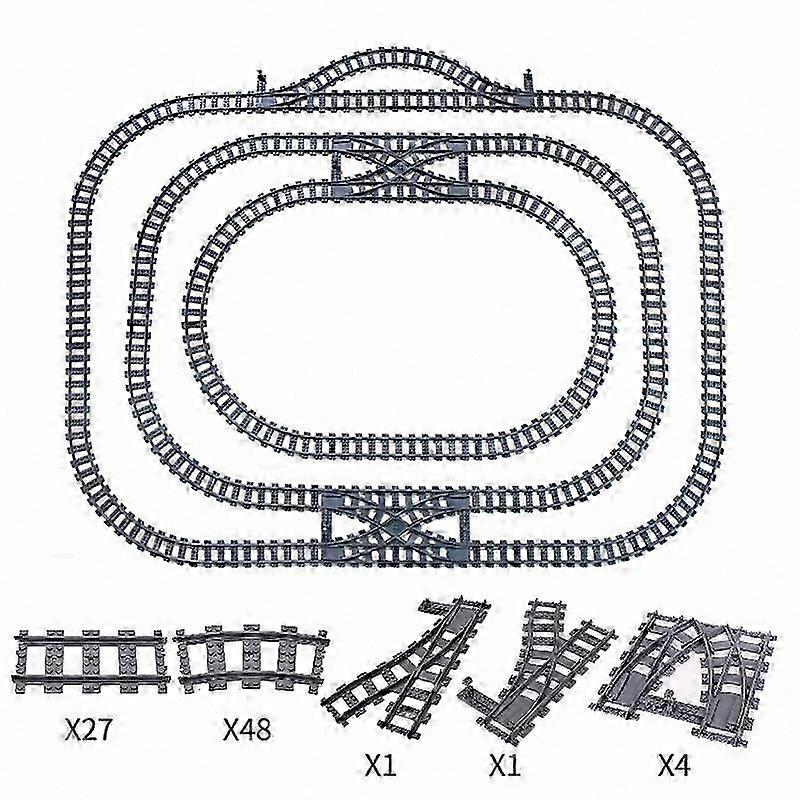 City Train Rail Crossing Tracks Set with Triple Switch and Building Blocks for Creative Construction Play