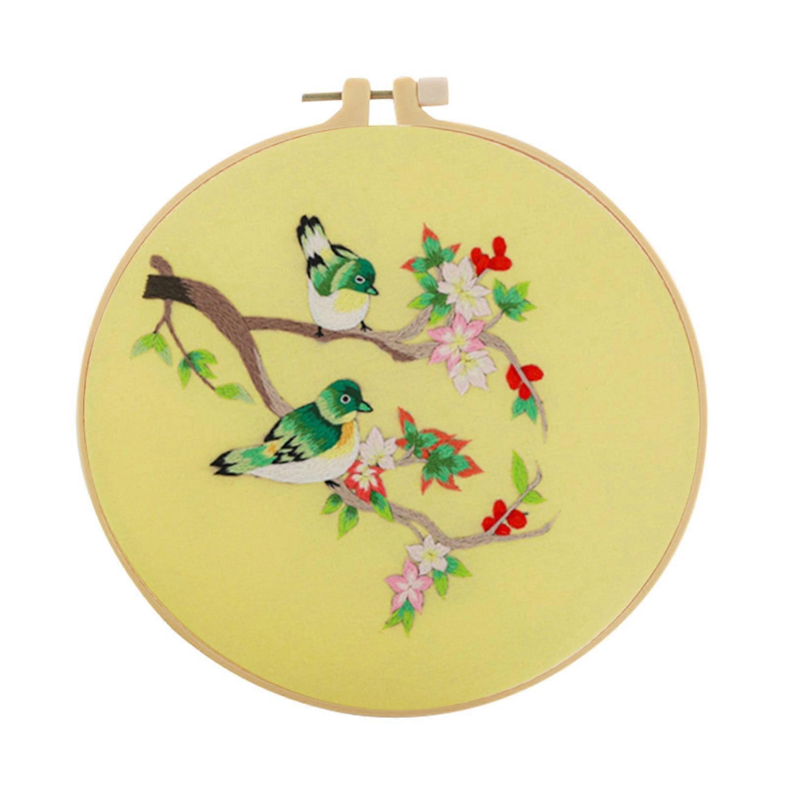 XIUH Tool Series Embroidery Starter Kit with Cloth, Hoop, Threads, 3 Needles - Bird & Tree Design (B)