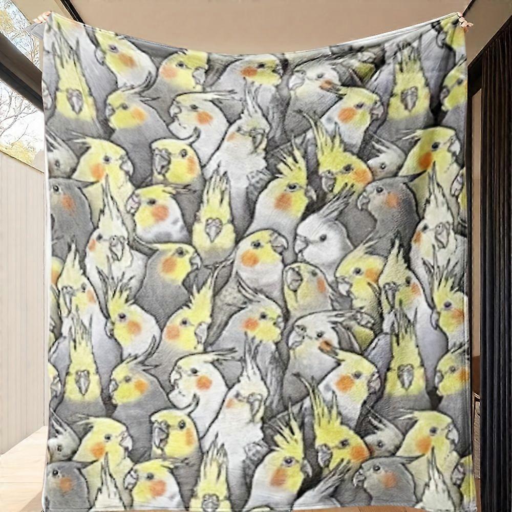 Cartoon Parrot Print Flannel Blanket - Nordic Style Winter Warm Soft Throw, White with Yellow and Gray Parrot Pattern, H-PLKJD183