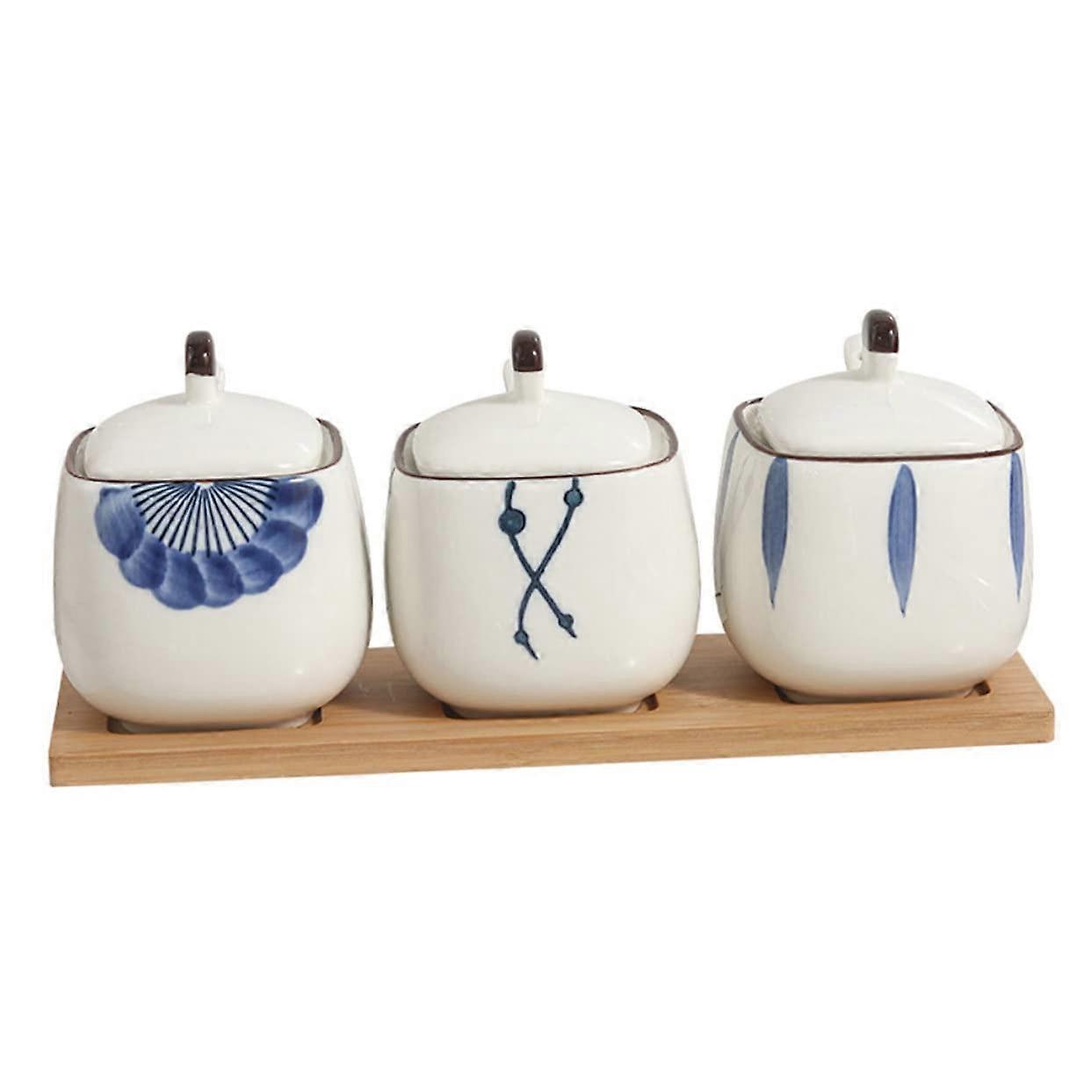 Ceramic Spice Jar with Bamboo Lid and Spoon, Kitchen Condiment Container for Salt Sugar Spices