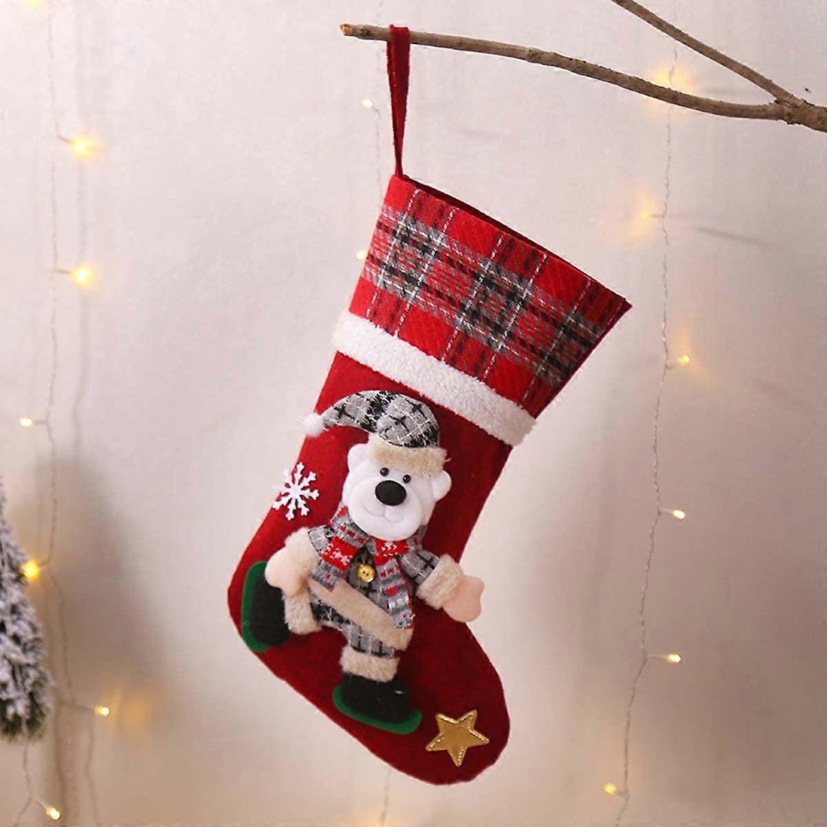 Large Christmas Stocking Plush Gift Bag with Hanging Loop Festive Holiday Design Little Bear