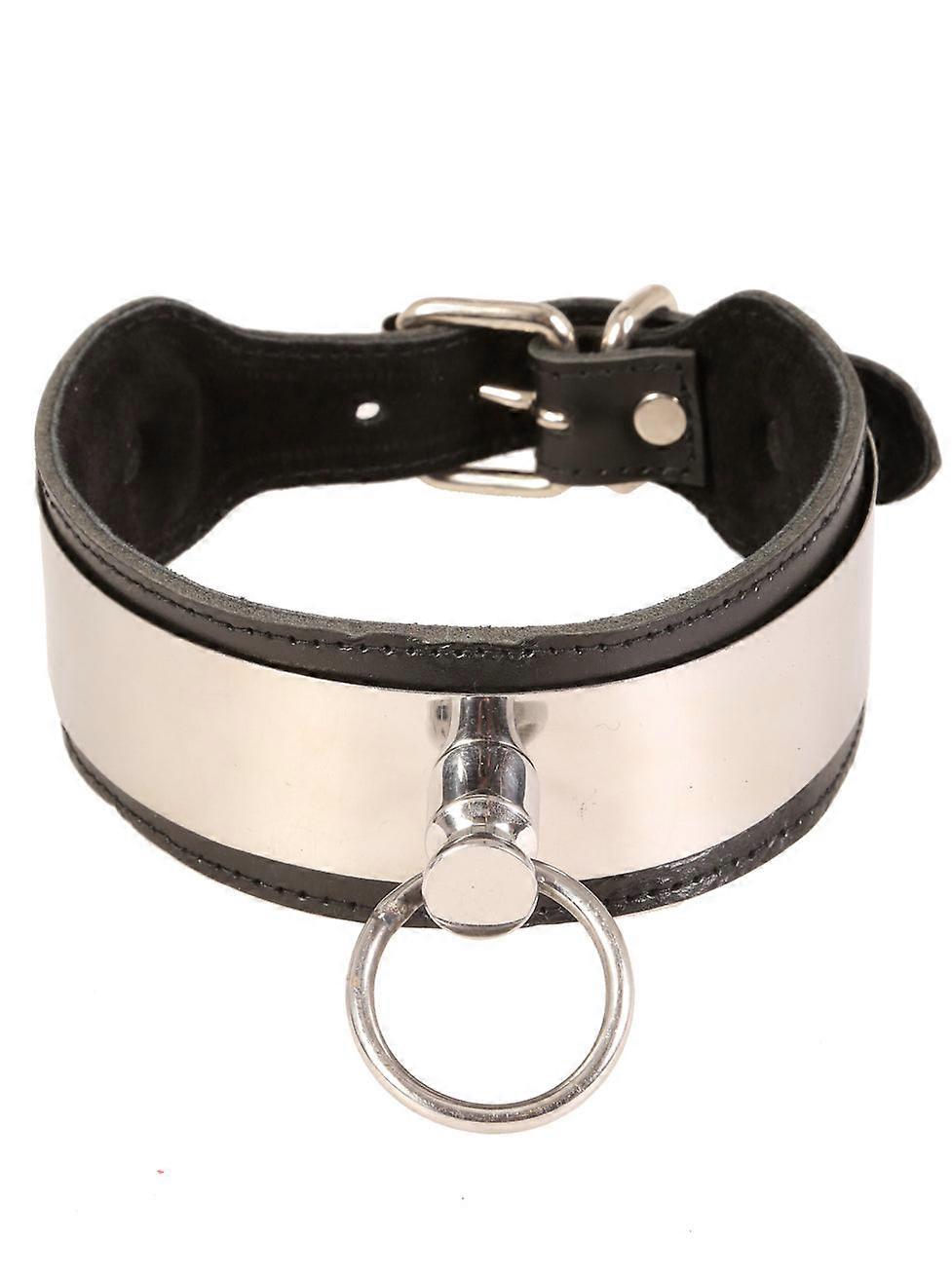 Wide Leather O Ring Choker With Metal Panel