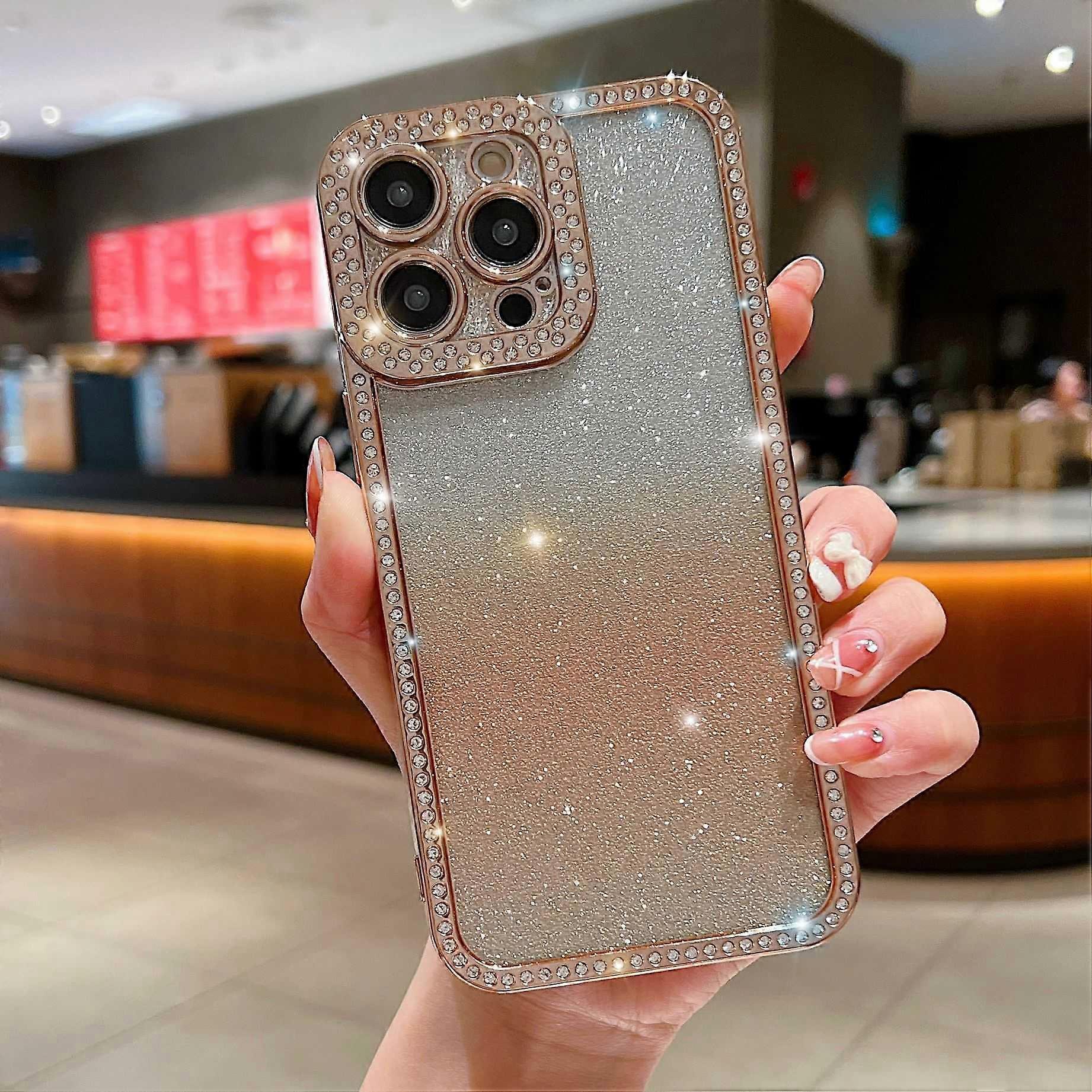 For iPhone 15 Pro Glitter Phone Case Rhinestone Decor Electroplating Protective Cover