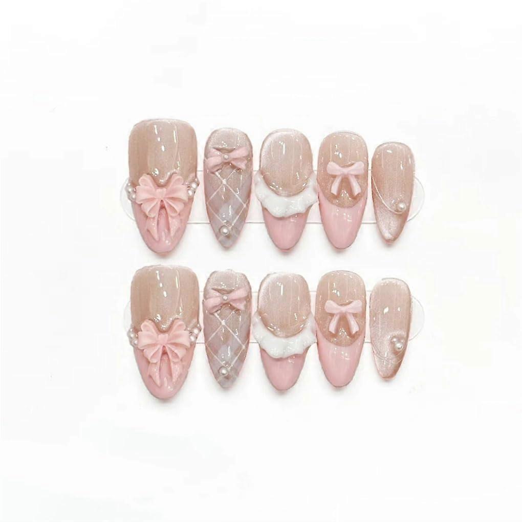 Handmade Glossy Press On Nails Kit with Bowknot Plaid Design, Reusable Full Coverage Acrylic