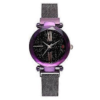 Modische Damenuhr mit Mesh-Armband aus einer Legierung, Zifferblatt mit Sternenhimmel-Muster, Quarzwerk (Lila), Größe 25-26