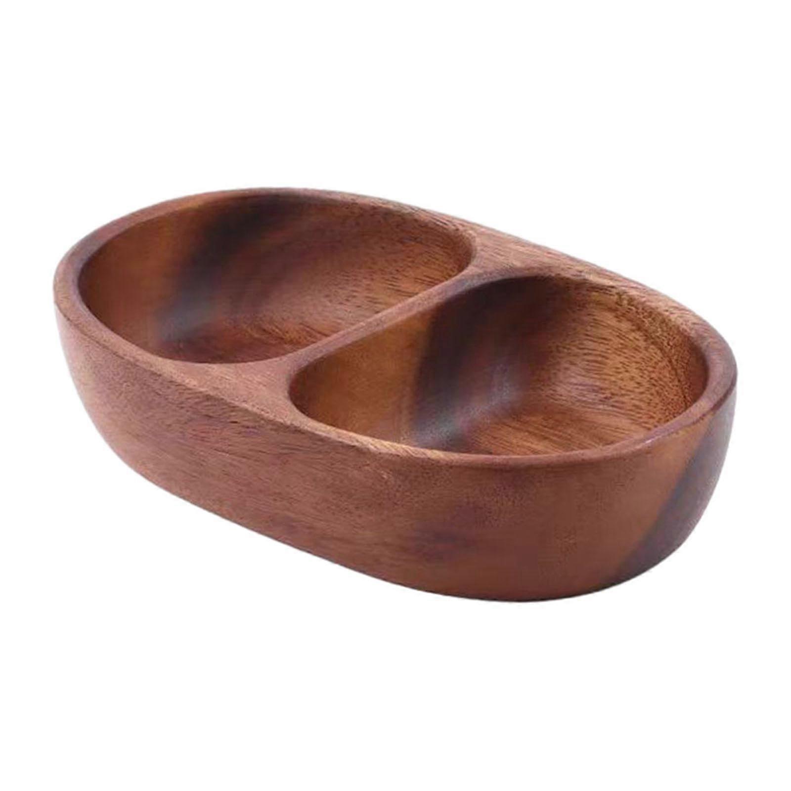 Double Compartment Wooden Serving Bowl with Unique Boat Shape for Appetizers Snacks Candy