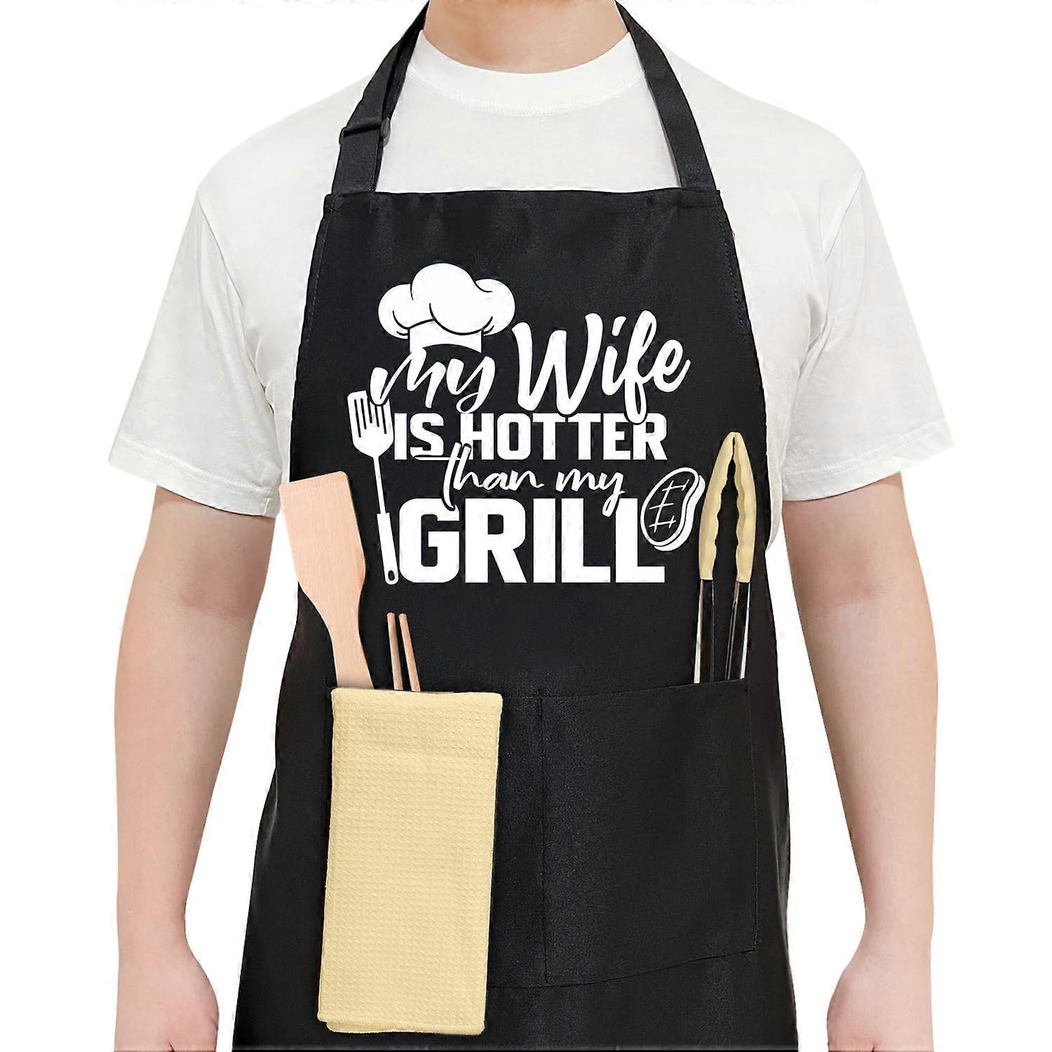 Black Funny BBQ Apron for Men with Pockets Adjustable Neck Strap Kitchen Grilling Gift Black