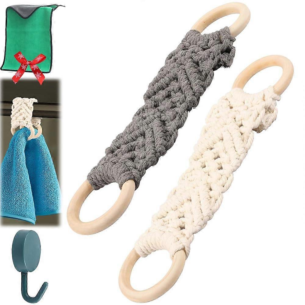 Handmade Crochet Towel Holder with Wooden Ring, Macrame Kitchen Towel Ring, 2pcs Set