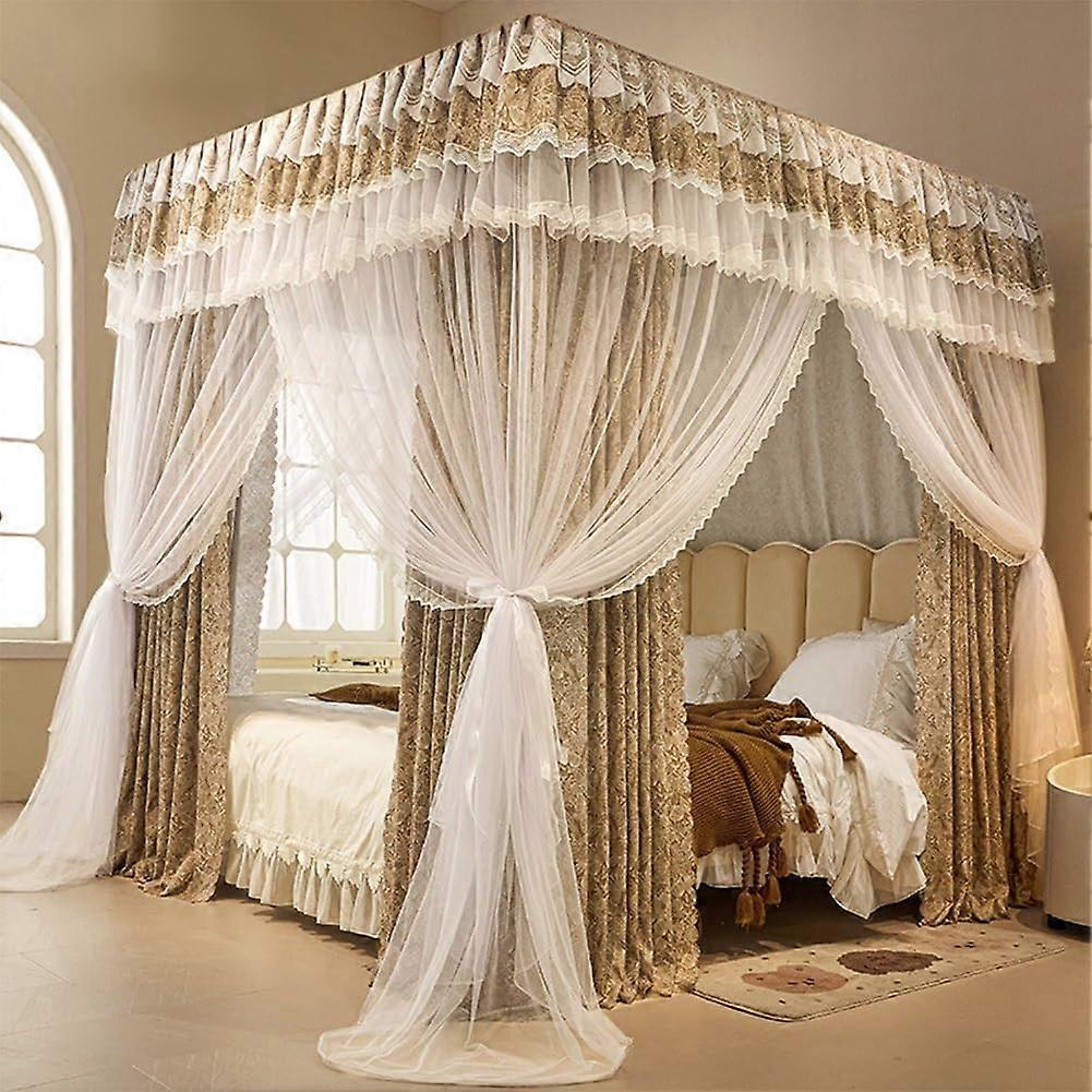 Brown CA King Size Bed Canopy with Curtains, Light Blocking Privacy Ruffled Lace Design