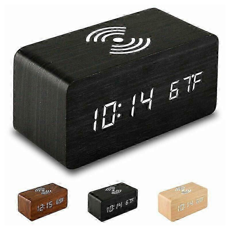 Digital Alarm Clock with Wireless Charging, Temperature Display, Qi-Compatible, Adjustable Brightness, Black for Bedroom, Office