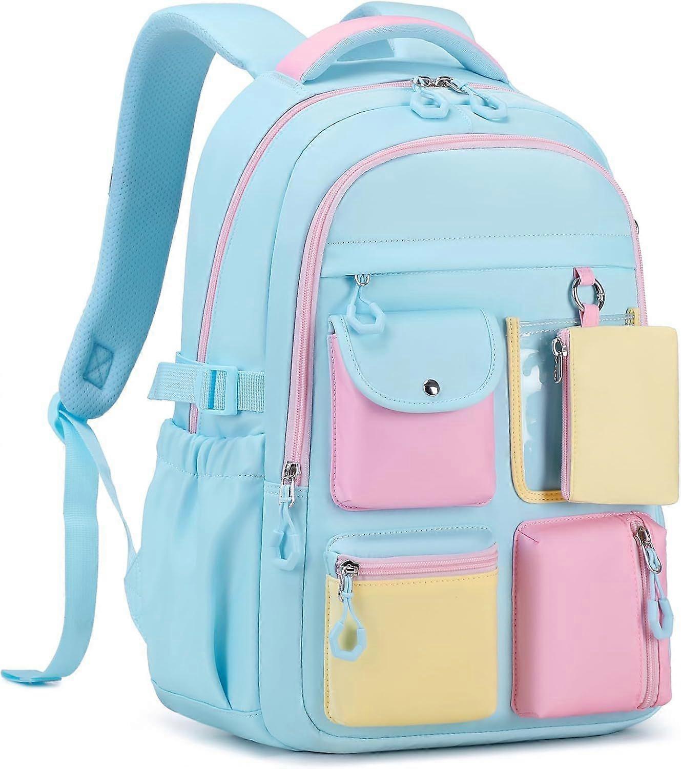 Girls Backpack for Elementary School, Multiple Pockets, Ages 6-10, Blue