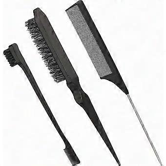 3Pcs Teasing Hair Brush Set Fluffy Hair Brush Rat Tail Comb Double-Sided Edge Brush Black for Women