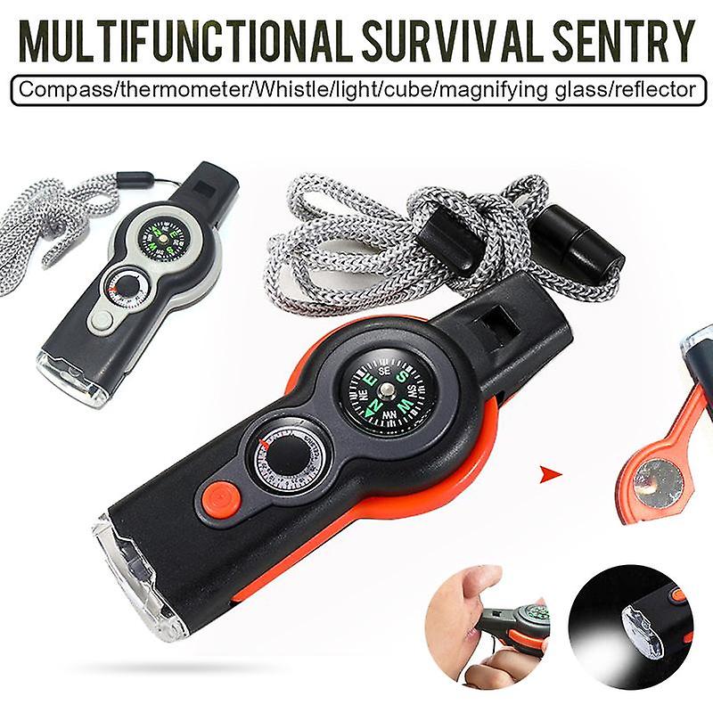 7 In 1 Survival Safety Whistle Compass Thermometer Led Mirror Magnifying Glass