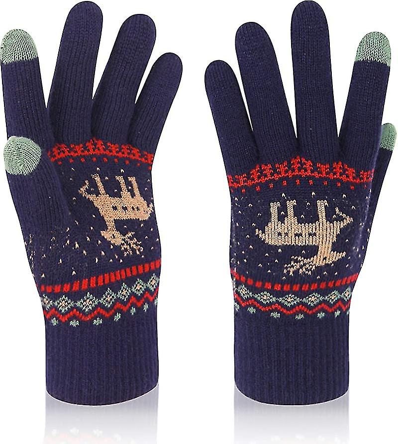 A Pair Winter Touchscreen Keep Warm Gloves, Snow Flower Printdark Blue  bd