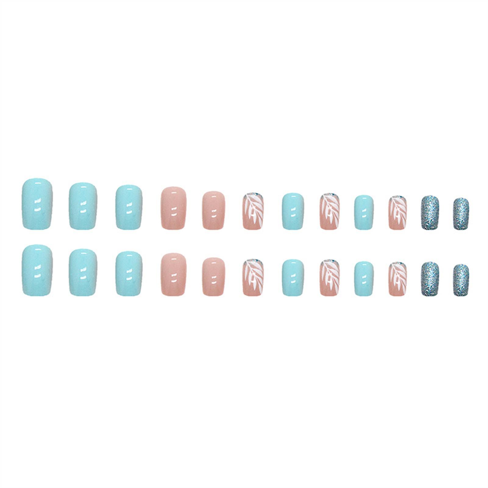 Green Shiny Short False Nails Short Square False Nail With White Edge