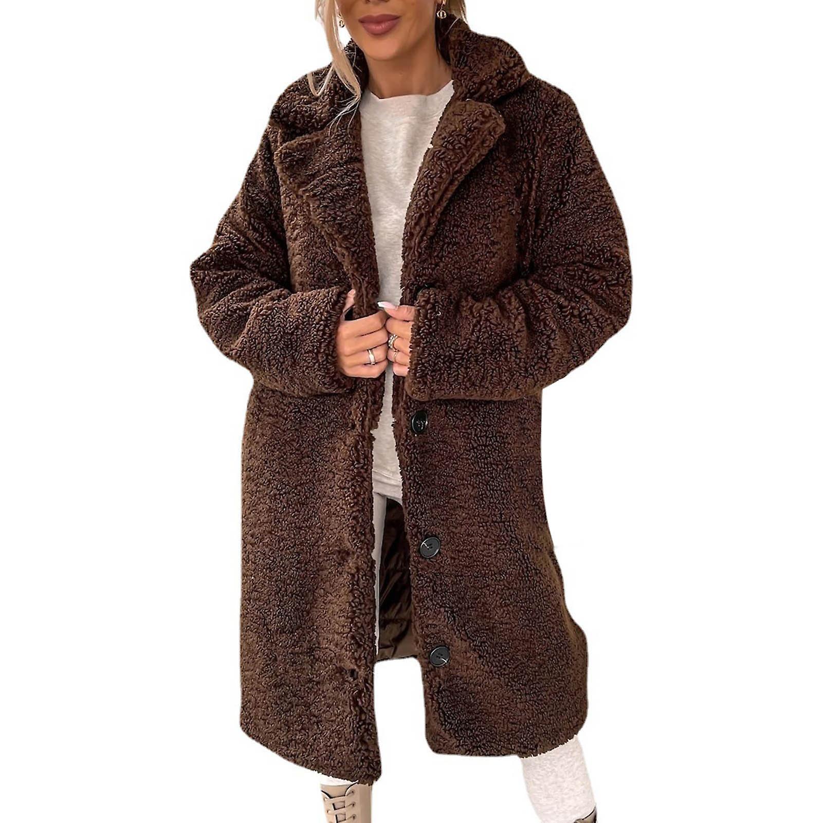 Gabardina de felpa gruesa para otoño e invierno, chaqueta de peluche de un solo pecho, prendas de vestir de estilo largo, ropa de calle