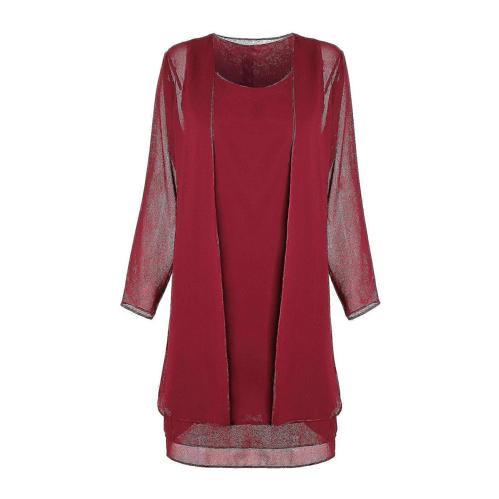 Uusi naisten sifonkiompeleet pitkähihainen Keskipitkä 2-osainen mekko