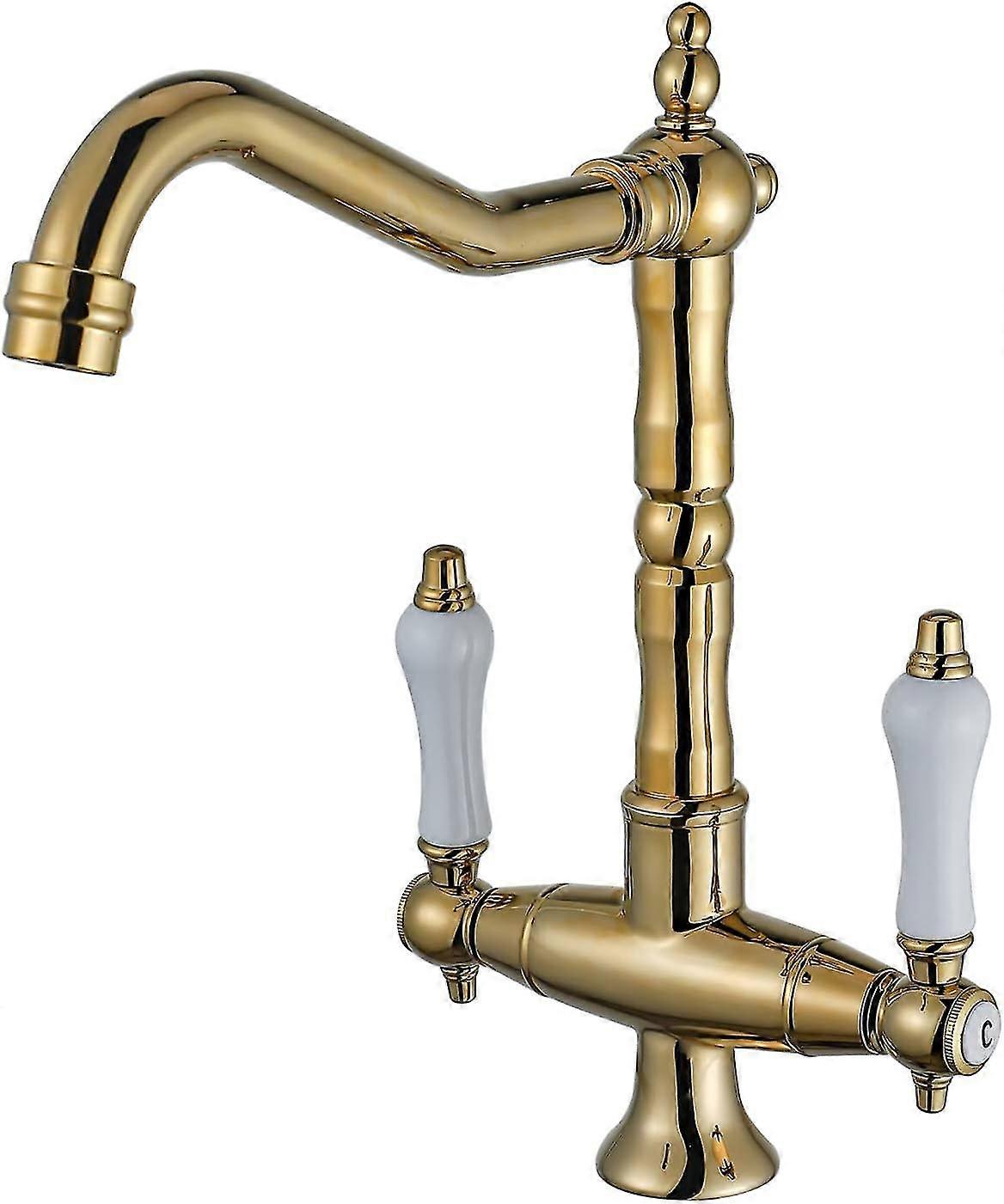 Vintage Guld Köksblandare 360 Vridbar Två Handtag Enhandtag Diskbänk Mixer Högtrycks diskbänksblandare Kran Hög mässingspipa