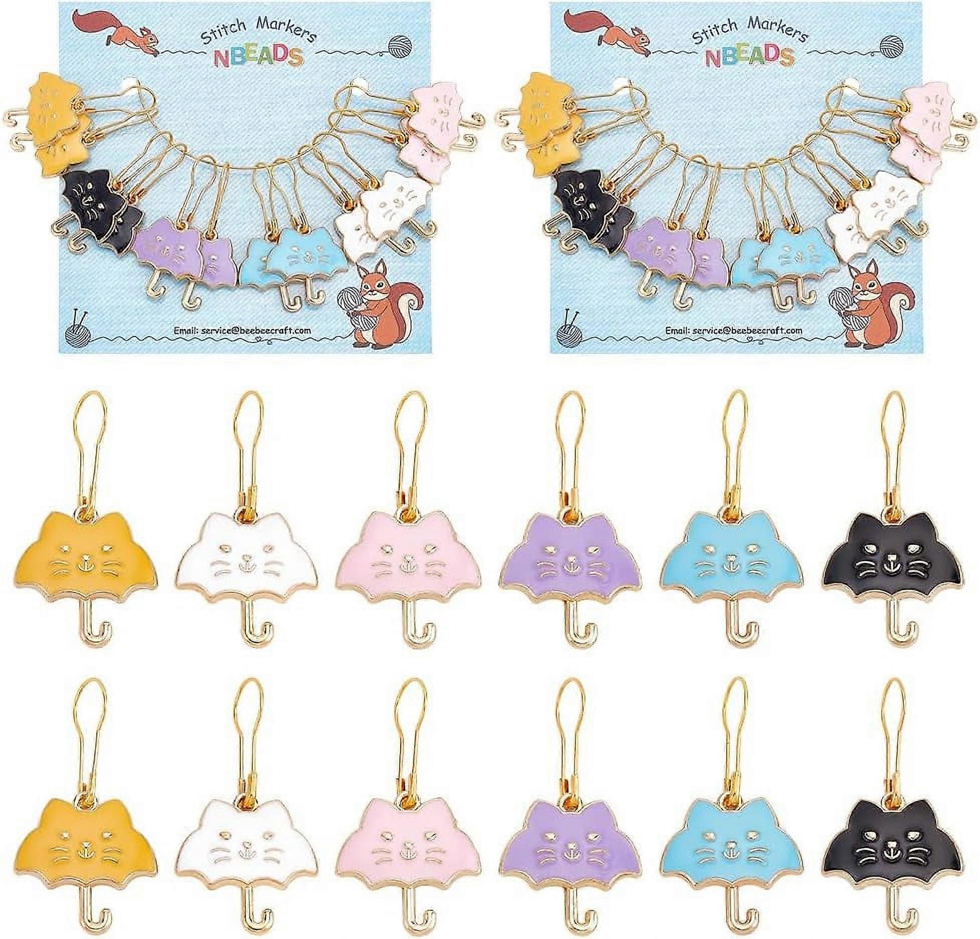 24 Pcs Cat Umbrella Stitch Markers, Enamel Alloy Crochet Stitch Marker Charms Removable Iron Kilt Pin Locking Stitch Marker for Knitting Weaving Sewin