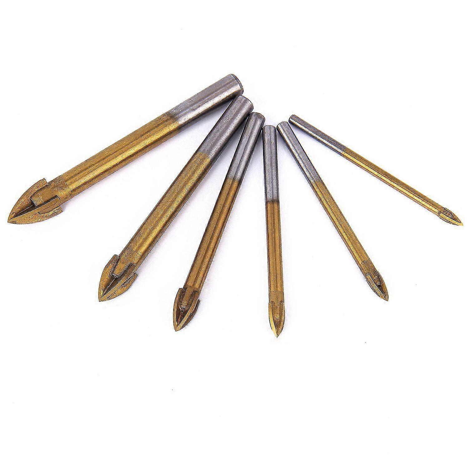 6pcs Titanium Coated Glass Drill Bits Set 4 Cutting Edges Cross Spear Head Drill With Hex Shank For