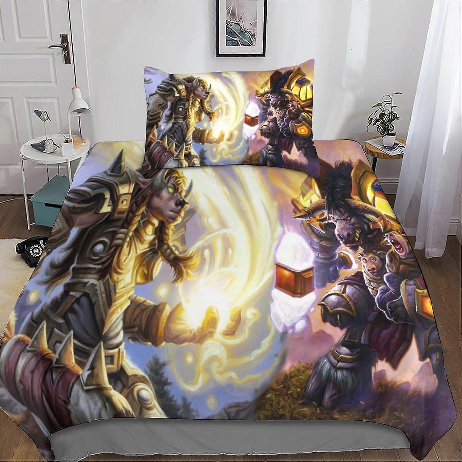 Warcraft WOW Game Zestaw poszewek na kołdrę Pościel z mikrofibry z nadrukiem 3D z poszewkami na poduszki, zapięciem na zamek błyskawiczny, 2 sztuki dla nastolatków i dorosłych pojedynczych