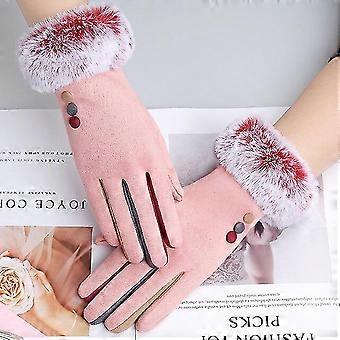 Mode Frauen Winter warmes Wildleder Touchscreen Handschuh weiblich Faux Rabit Pelz Stickerei plus Samt dicke Fahrhandschuhe h92 I67 rosa
