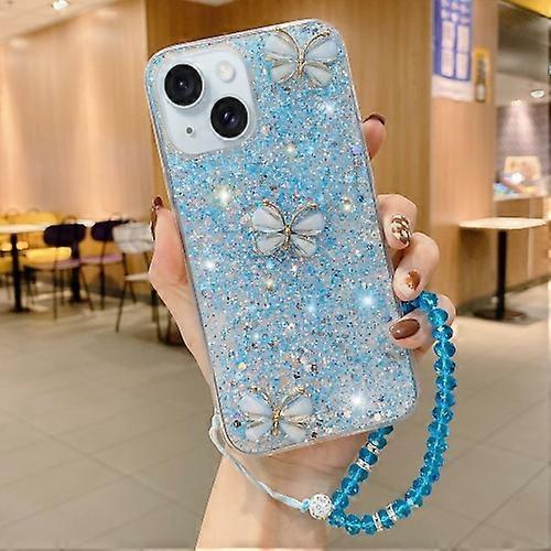 For iPhone 15 Starry Sequin Jade Butterfly Epoxy TPU Phone Case with Strap