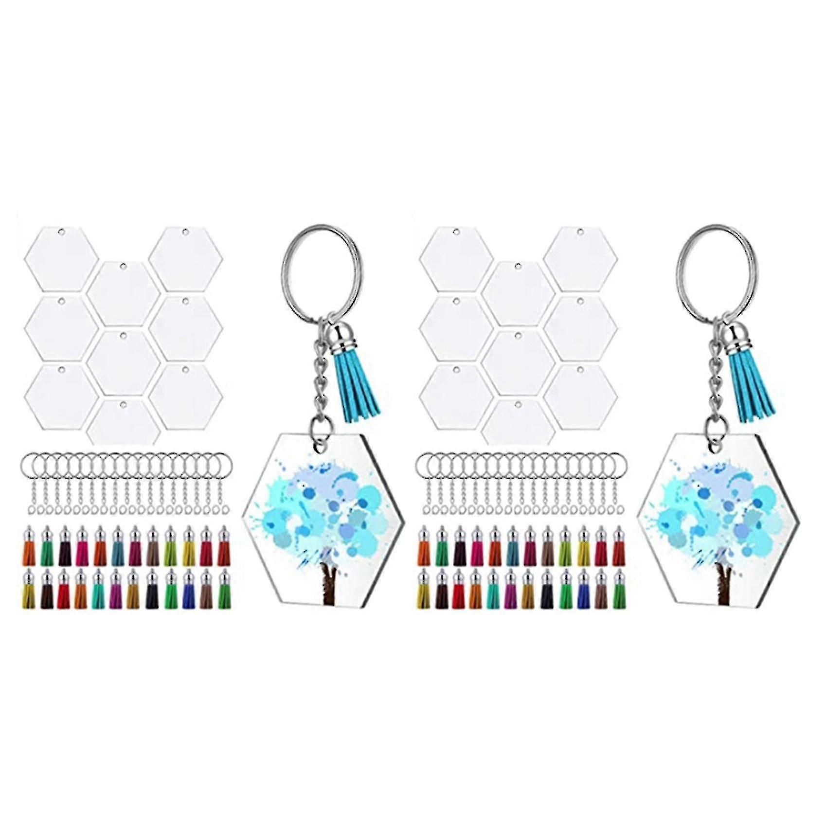 72pcs Acrylic Transparent Discs Hexagon Keyring With Chain Compatible With Crafts