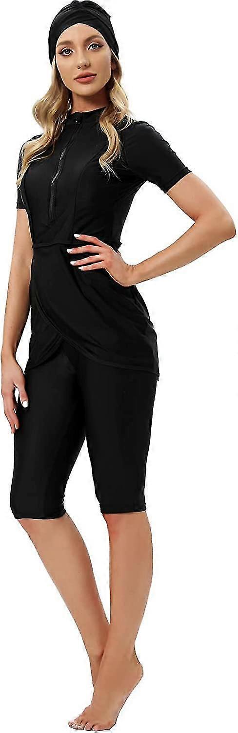 Kadın Mütevazı Mayo İslami Müslüman Mayo Kısa Kollu Fermuar Ön Üst Şort Pantolon Tesettür 3 Adet Yüzme Kostüm S-4XL Xinmu