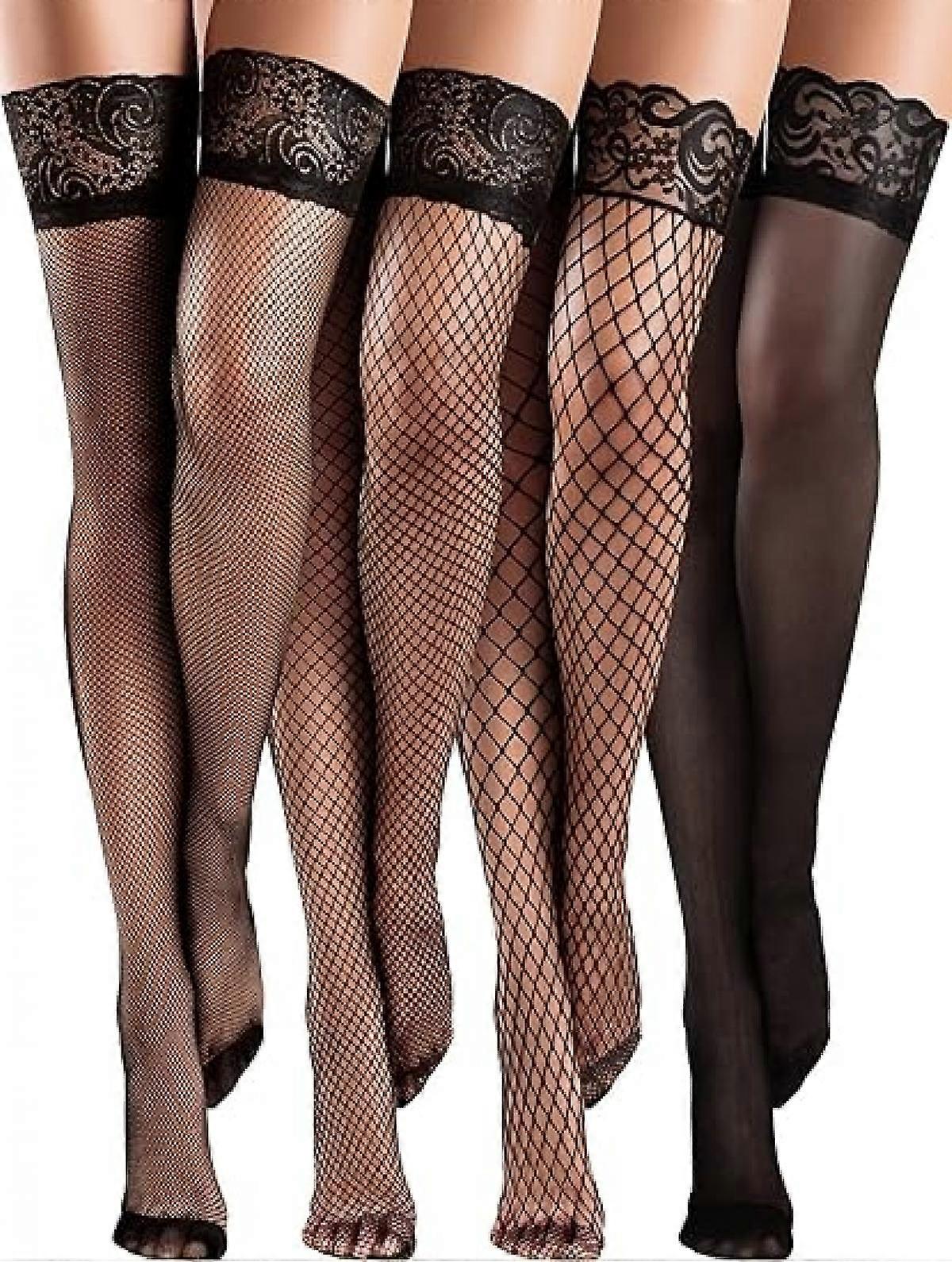 4 Pairs Fishnet Thigh High Stocking Silicone Lace Top Sheer Over Knee Stocking Silky Stockings for Women