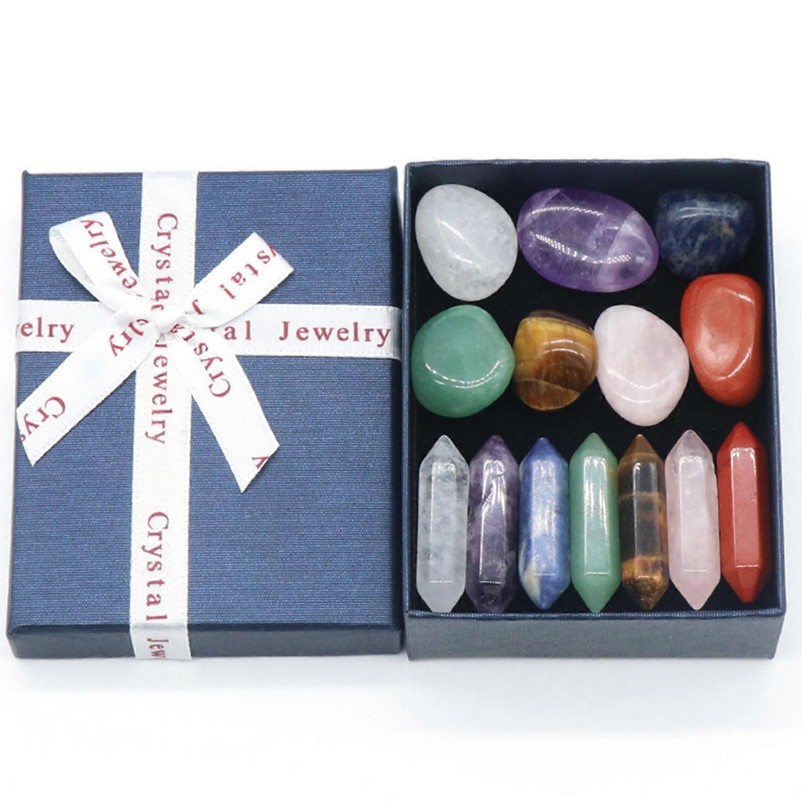 Set of 14 Natural Crystal Chakra Stone Obelisk Quartz Wand Point Box Gemstone Healing