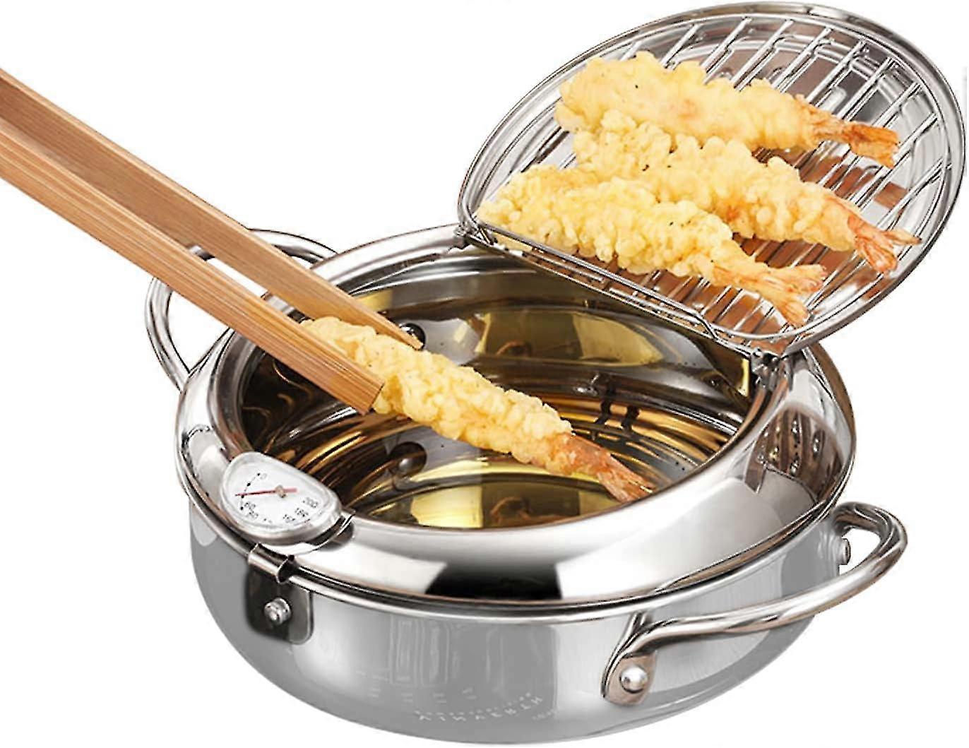 Pentola non elettrica Friggitrice tempura in acciaio inossidabile in stile giapponese con coperchio del termometro e supporto per gocciolamento d'olio20cm