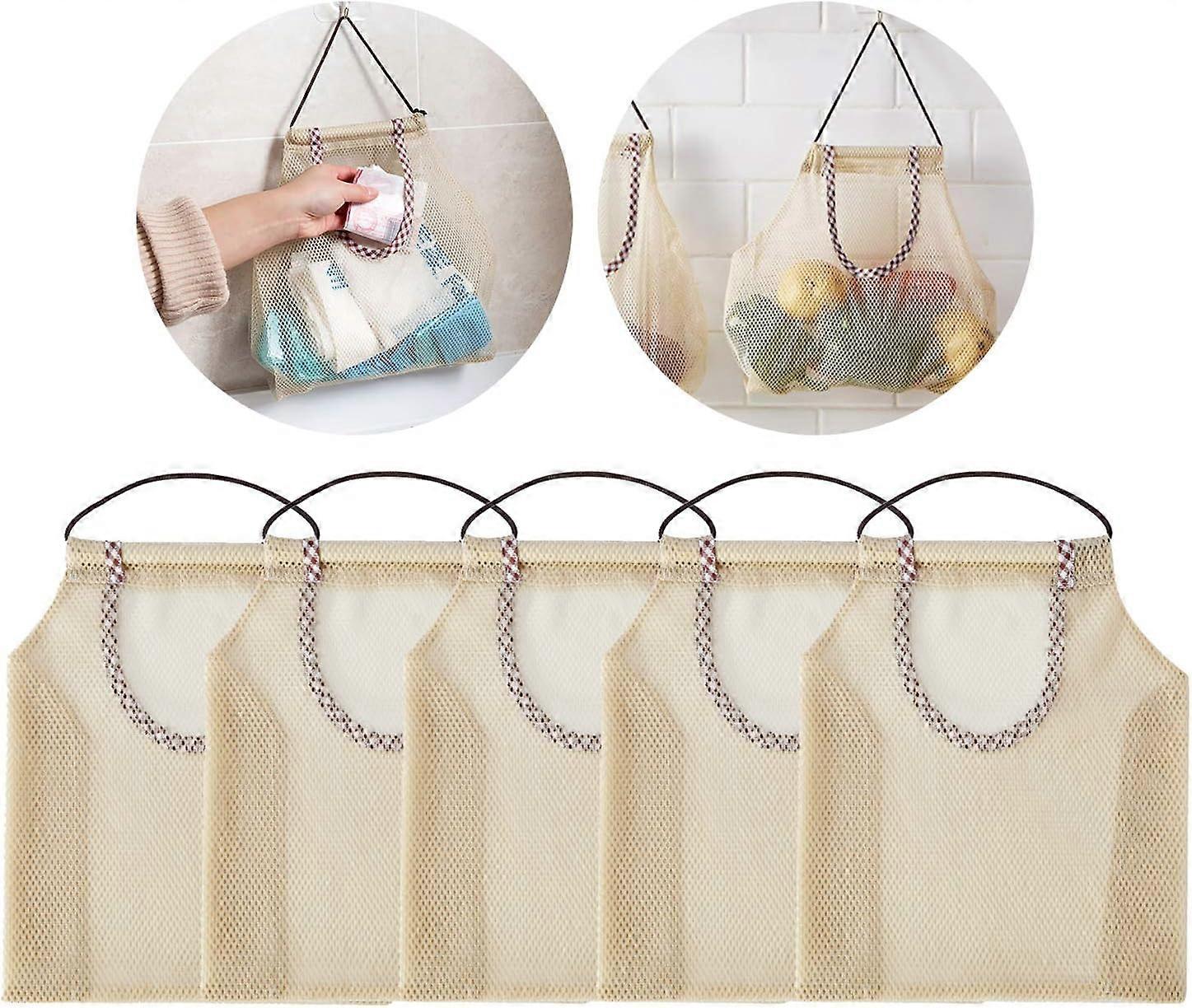 5PCS Breathable Hanging Mesh Bag, Kitchen Storage Holder Bags for Potatoes, Onions, Garlics, Vegetables, Fruit