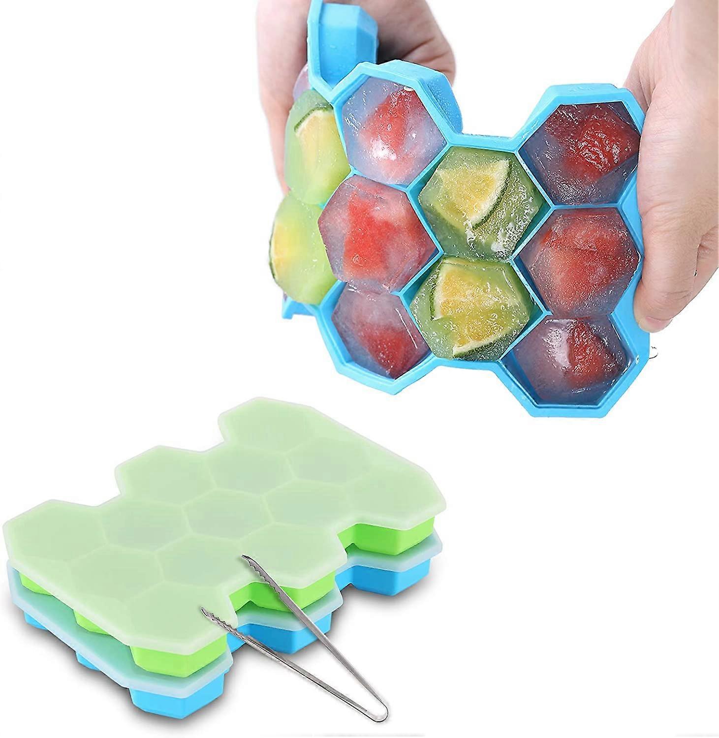 2 Pack Ice Cube Trays, Silicone Honeycomb Shape Ice Cube Molds wih Lids Make 26 Ice Cube for Whiskey, Cocktail, Stackable Flexible, BPA Free (Green+Bl