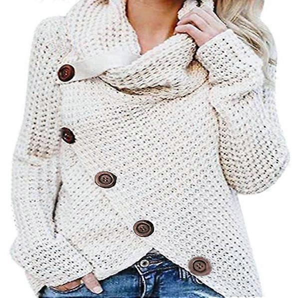 Women's Solid Color Chunky Button Pullover Sweater Turtle Cowl Neck Asymmetric Hem Knit Sweater