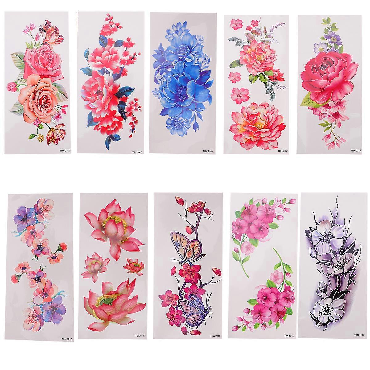 10 Pcs Fleurs Tatouages Temporaires Tatouages Imperméables À L’eau Autocollant Rose Corps Décalcomanies
